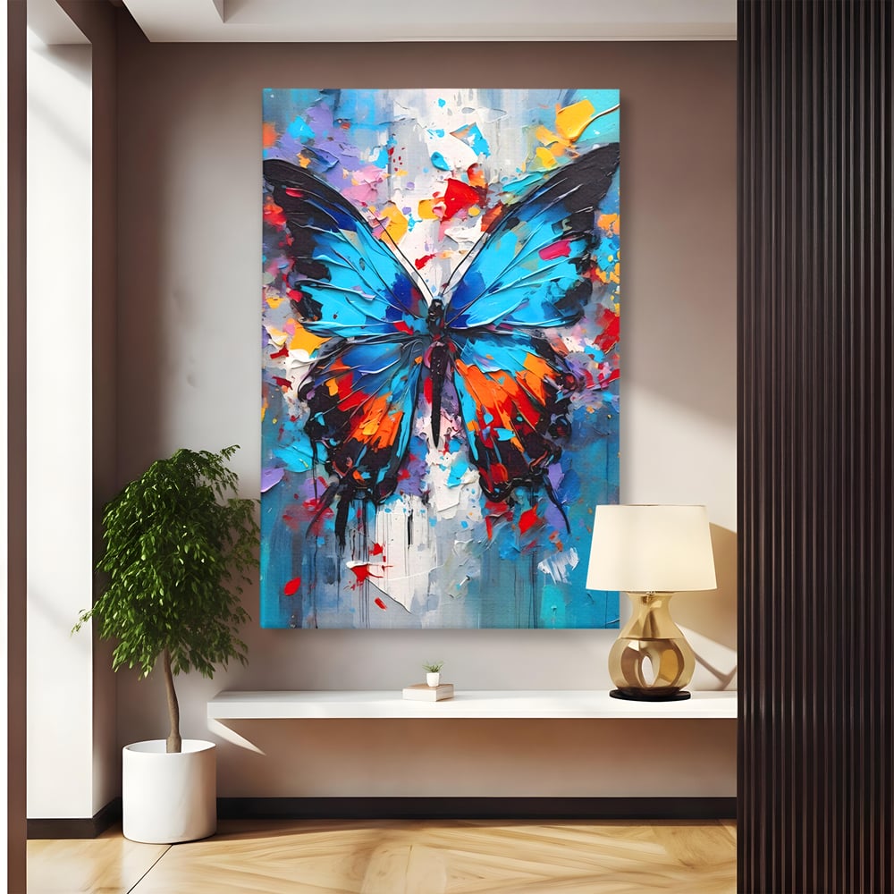 Tablou canvas cu pictura cu fluture albastru, fara rama, pe sasiu de lemn